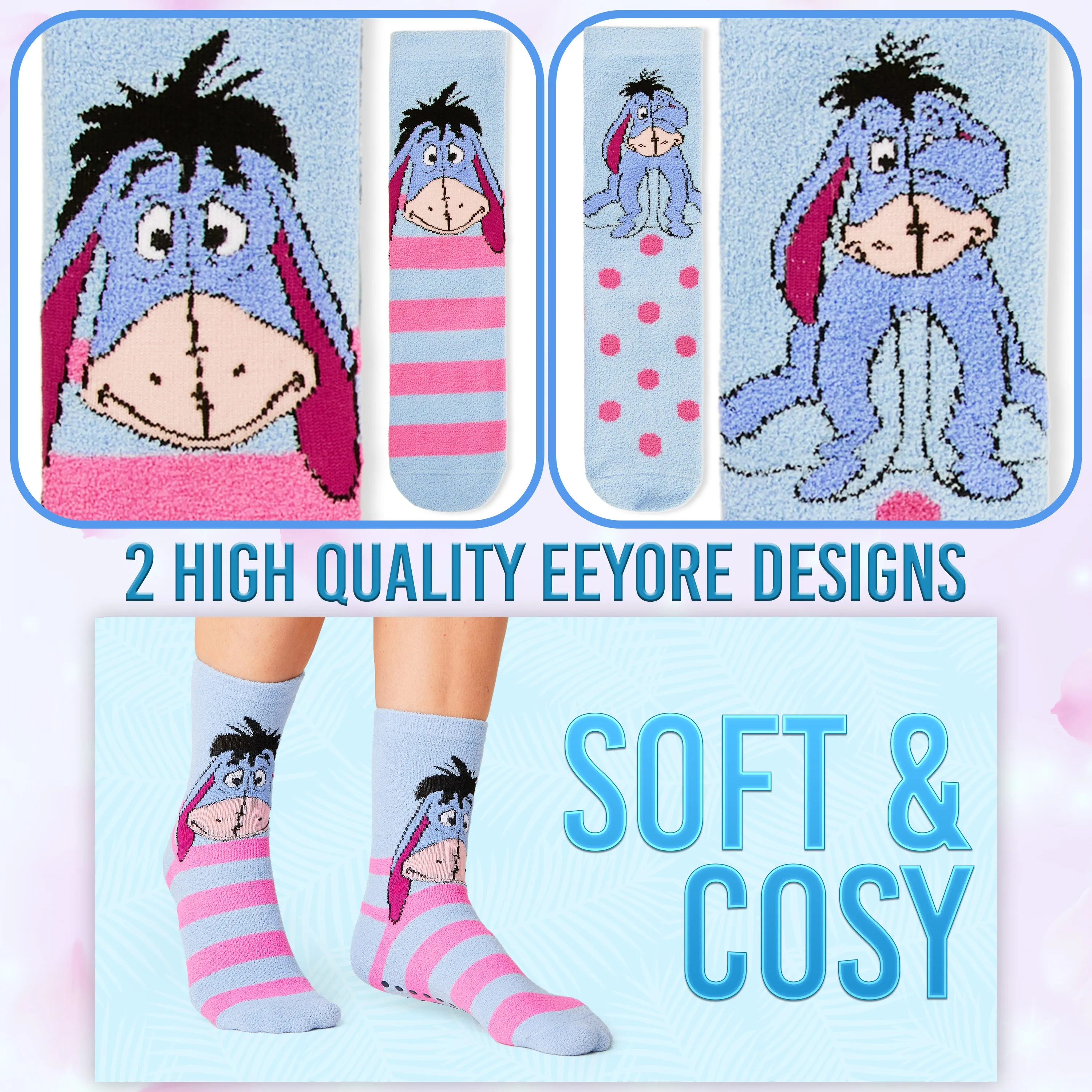 Disney Slippers Socks Women 2 Pack Fluffy Socks Non Slip - Eeyore