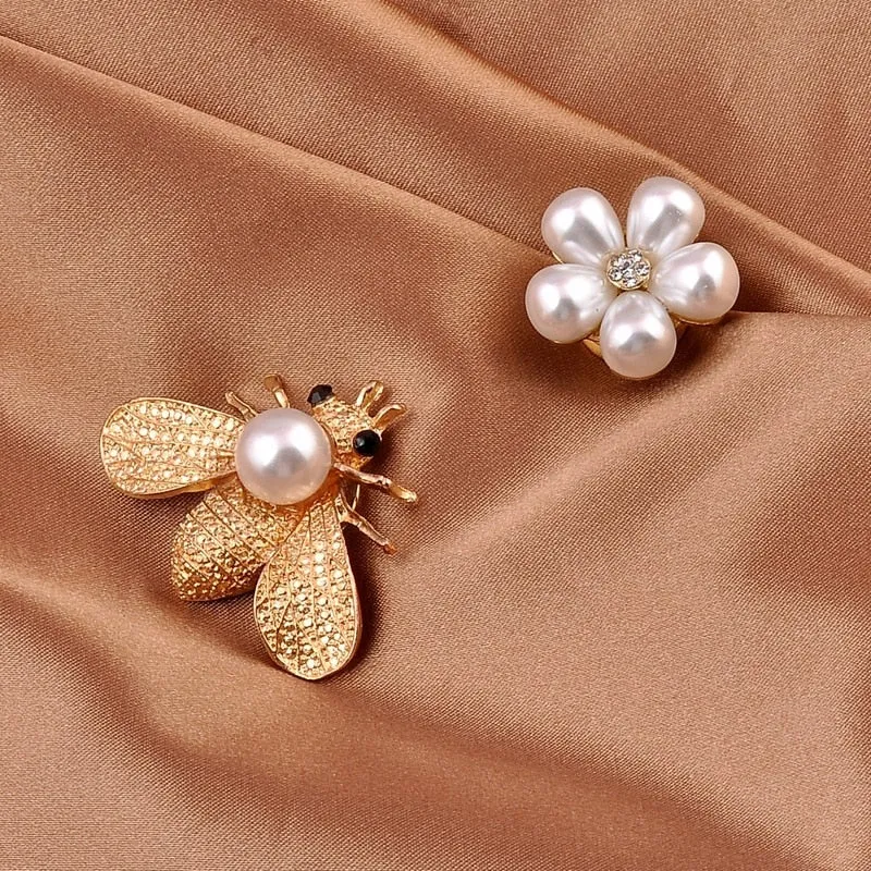 Fashion Bee Magnet Brooch Pearl Rhinestone Flower Safe Hijab No Hole Pins Shirt Scarf Buckle Brooches