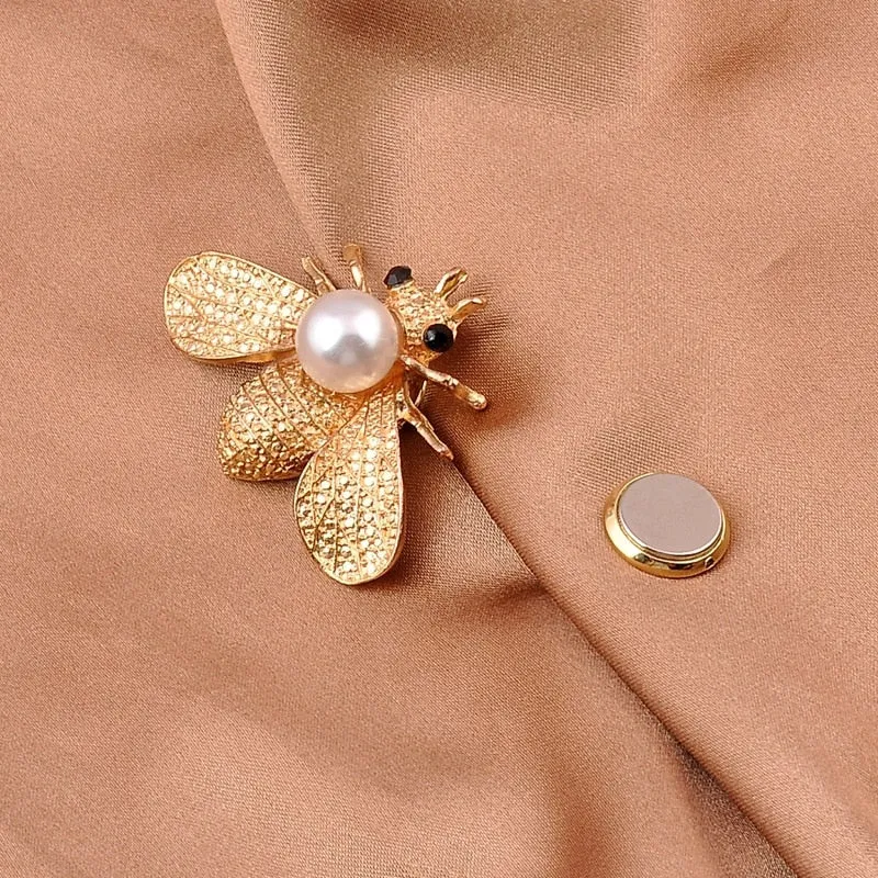 Fashion Bee Magnet Brooch Pearl Rhinestone Flower Safe Hijab No Hole Pins Shirt Scarf Buckle Brooches