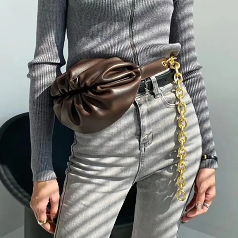 Waist Bag Women Cowhide Leather with Big Metal Adjustable Chains Decoration Cloud Chest Bag