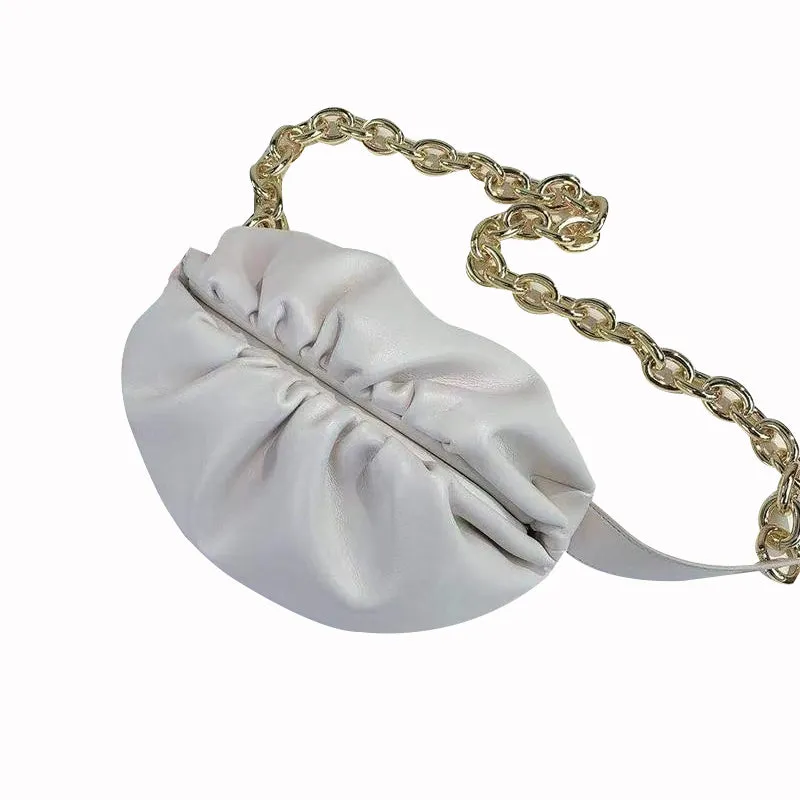 Waist Bag Women Cowhide Leather with Big Metal Adjustable Chains Decoration Cloud Chest Bag