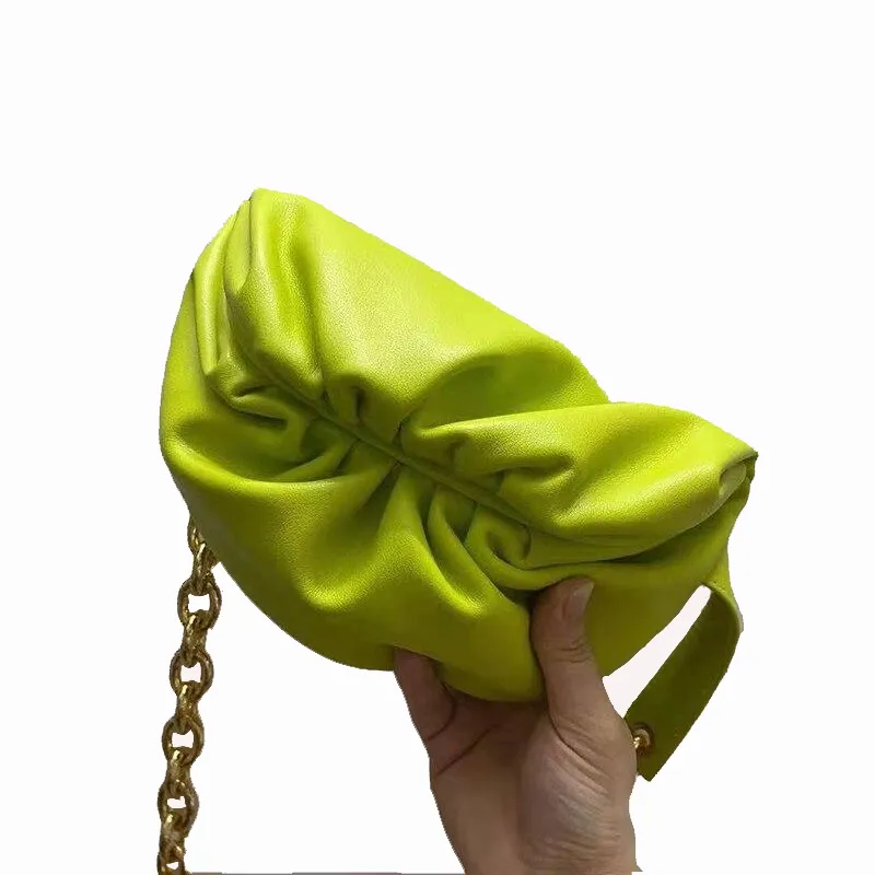 Waist Bag Women Cowhide Leather with Big Metal Adjustable Chains Decoration Cloud Chest Bag
